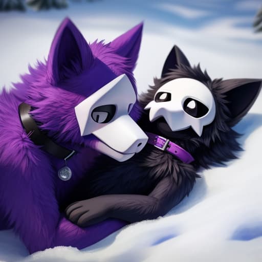  Puro, Purple Fur, Purple particless, cute, Duo, Purple collar, snow eviroment, lying down, open eyes, digital art, masterpiece, 4k, fine details,