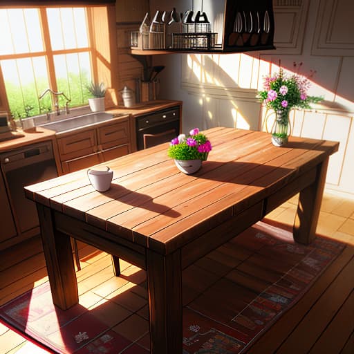  rustic kitchen, wooden table with a tablecloth, ceramic vase with pink flowers on the table hyperrealistic, full body, detailed clothing, highly detailed, cinematic lighting, stunningly beautiful, intricate, sharp focus, f/1. 8, 85mm, (centered image composition), (professionally color graded), ((bright soft diffused light)), volumetric fog, trending on instagram, trending on tumblr, HDR 4K, 8K