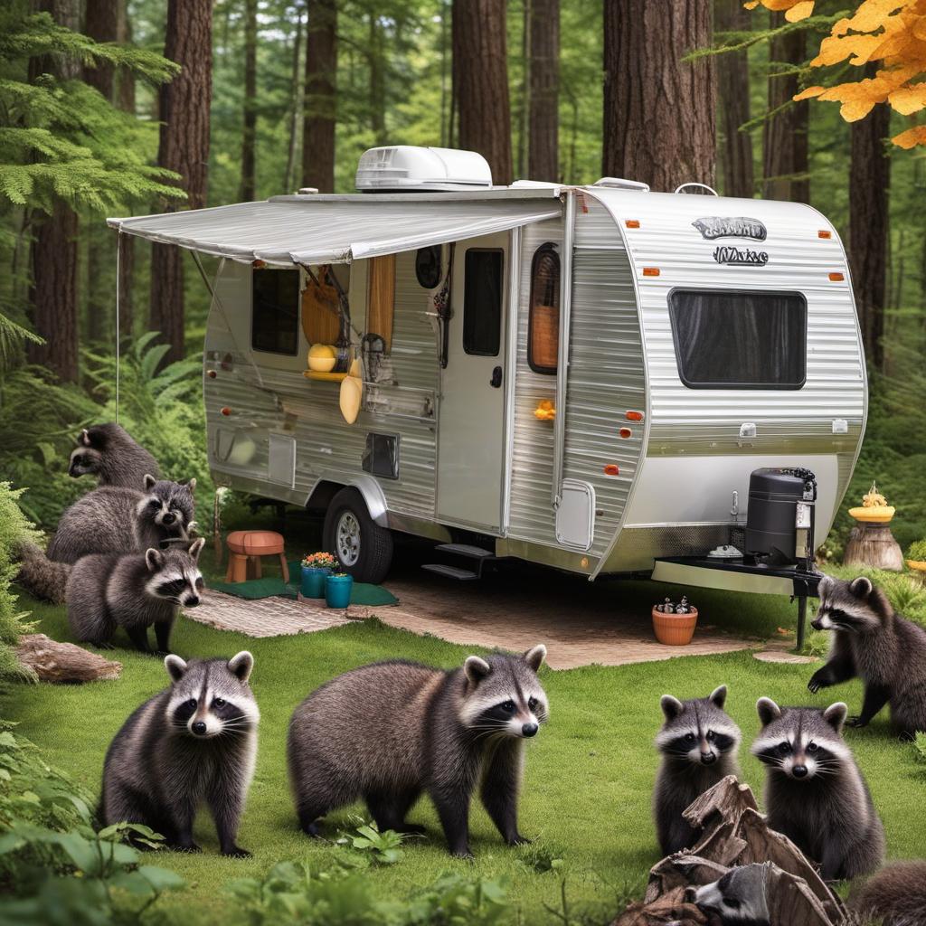  travel trailer surrounded by raccoons with a bear in the doorway, profile image style