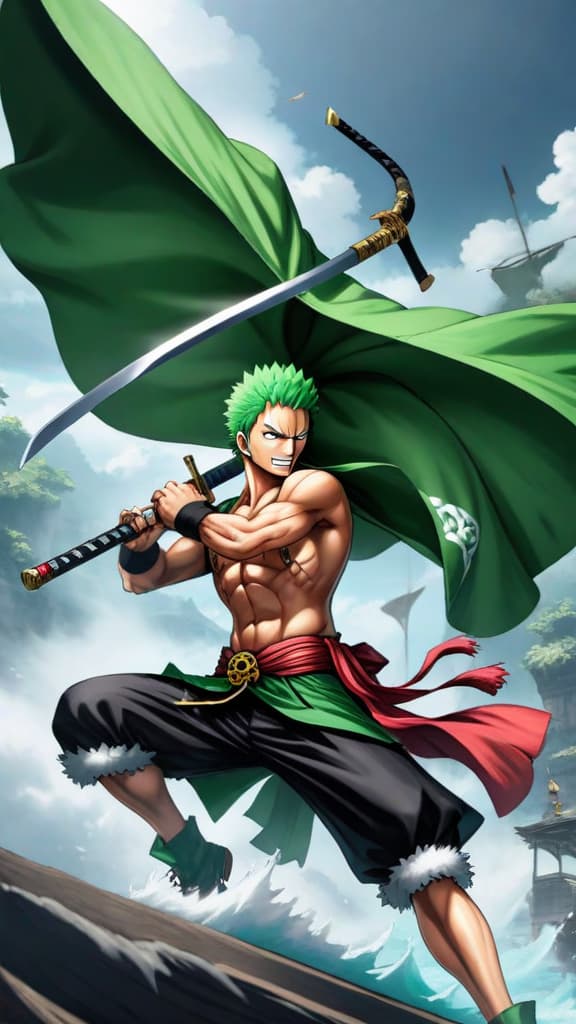  anime art: zoro (one piece) unleashes ashura technique, manifesting nine swords and three heads with terrifying power. hyperrealistic, full body, detailed clothing, highly detailed, cinematic lighting, stunningly beautiful, intricate, sharp focus, f/1. 8, 85mm, (centered image composition), (professionally color graded), ((bright soft diffused light)), volumetric fog, trending on instagram, trending on tumblr, HDR 4K, 8K