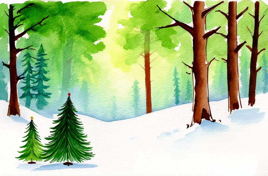  artwork beautiful new year's decorated spruce in the forest ar 3:2, watercolor techniques, featuring fluid colors, subtle gradients, transparency associated with watercolor art