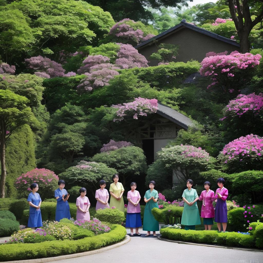  Masterpiece, best quality, a group of middle-aged women dressed in nurse's uniform gather in a quiet garden to practice eight-piece brocade, surrounded by colorful flowers and lush greenery to create a peaceful and harmonious atmosphere.(Photography)(Natural light)(Camera:DSLR, Aperture priority mode,f/4,ISO 200)