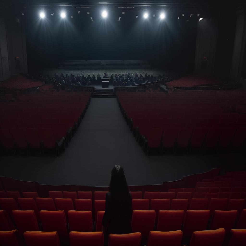  masterpiece, best quality, A sea of faces staring back at an empty stage, each expression telling a different story. The dimly lit theater creates a sense of anticipation and mystery, with shadows dancing across the audience's features. The atmosphere is charged with excitement and curiosity, as the audience eagerly awaits the show to begin. The stage is clearly visible with the audience beyond. Photography with dramatic lighting to highlight the contrast between light and shadow, creating a captivating visual narrative.