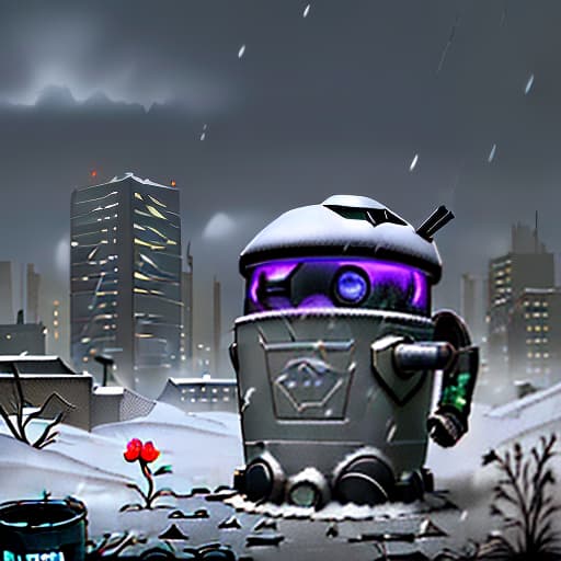  post apocalypse. darkness. a snowstorm. a robot that hides a pot with a small flower from the cold goes through a strong wind through a destroyed frozen city.