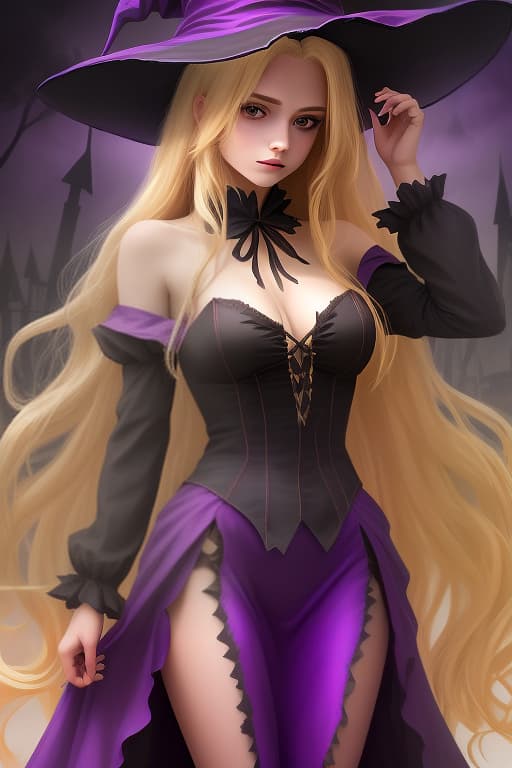  a girl in a witch costume, blonde long hair, medium neckline, neckline in a suit, purple color of a witch costume