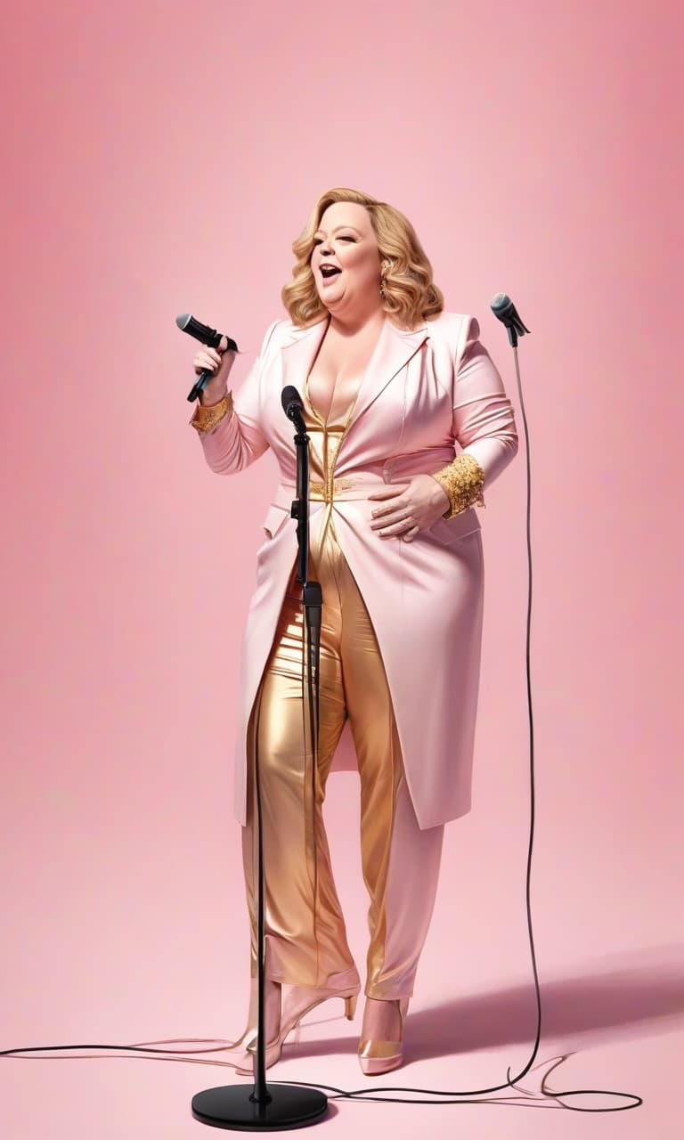  concept art pink, gold, black, white onstage bald melissa mccarthy with a microphone . digital artwork, illustrative, painterly, matte painting, highly detailed, perfect hands