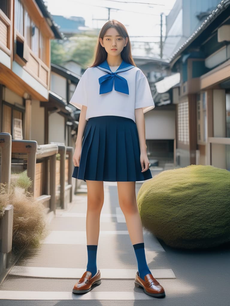  (japanese junior high school student,girl),wearing sailor suit,japanese loose socks on feet,brown loafers,full length figure,in town,