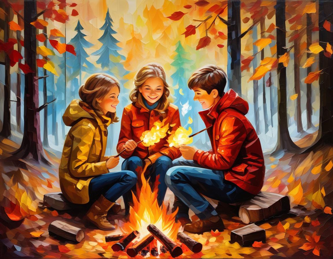  (impressionist palette knife oil painting:1.3) depicting (a boy and a girl on a date by a campfire:1.3) where (they are roasting marshmallows on a campfire:1.3) in a picturesque autumn forest, (they have happy smiles on their faces:1.2) sitting side by side, (the girl has a lush hairstyle in the colors of autumn:1.2) and an elegant coat. the work demonstrates the effect of (double exposure:1.1) with (layered image:1.3), mixing the couple in love and the autumn forest with complex patterns. the canvas comes alive with (falling leaves:1.2) and (mighty trees:1.2), creating a (dynamic and colorful 3d effect:1.3), as if the forest and the campfire with the couple are separate, surrounded by bright colors and swirling sharp patterns of falling le