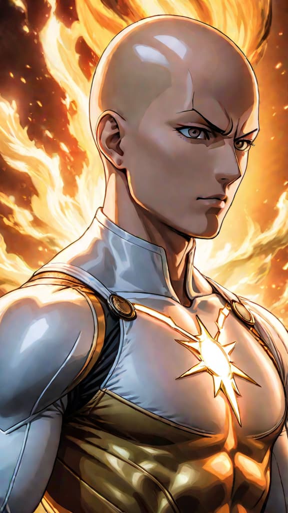  anime art of saitama hinted as chosen by the divine 'god' entity in manga lore. hyperrealistic, full body, detailed clothing, highly detailed, cinematic lighting, stunningly beautiful, intricate, sharp focus, f/1. 8, 85mm, (centered image composition), (professionally color graded), ((bright soft diffused light)), volumetric fog, trending on instagram, trending on tumblr, HDR 4K, 8K