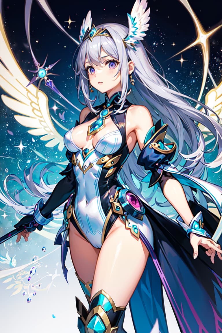  master piece , best quality,image/the character melia from the game xenoblade chronicles 3. she has long hair, and her sideburns are quite curly. the color is light purple. there are wings on both sides of her head. she is a queen, with a dignified face. her eyes are sharp. she is holding a staff in her hand. this is a full body description. there are no wings on her back. she is an adult woman.