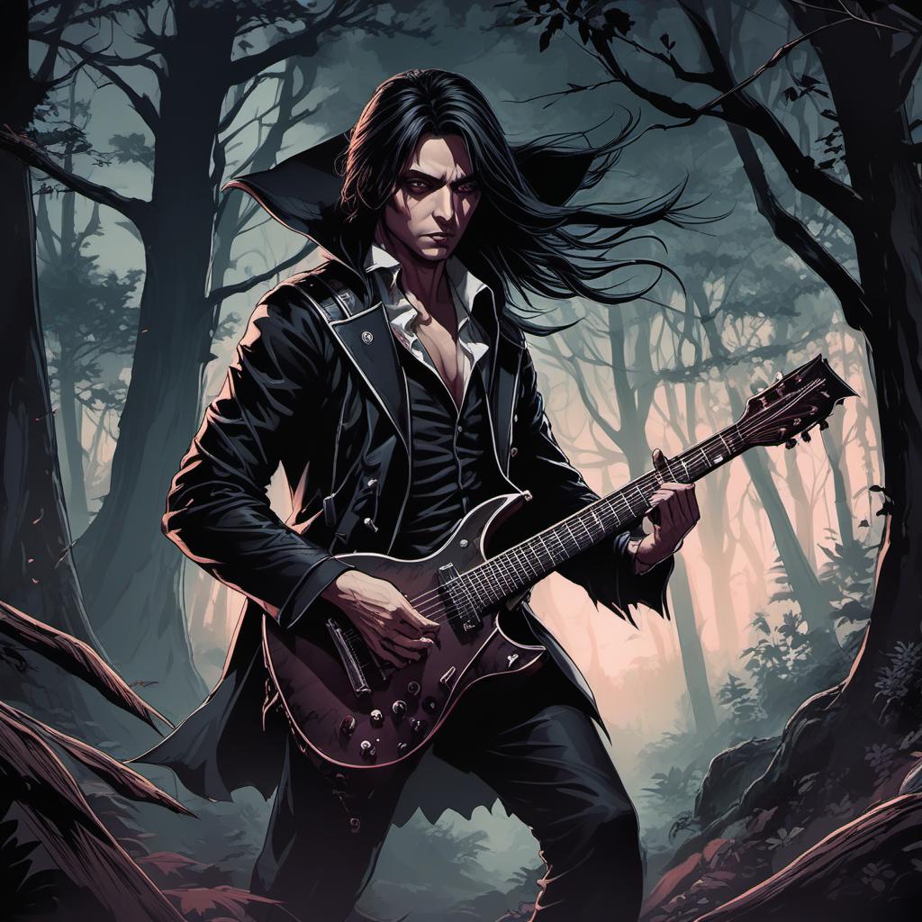  un vampire guitare hero dans une forêt hantée , comic style, manga and manhwa style, painting style