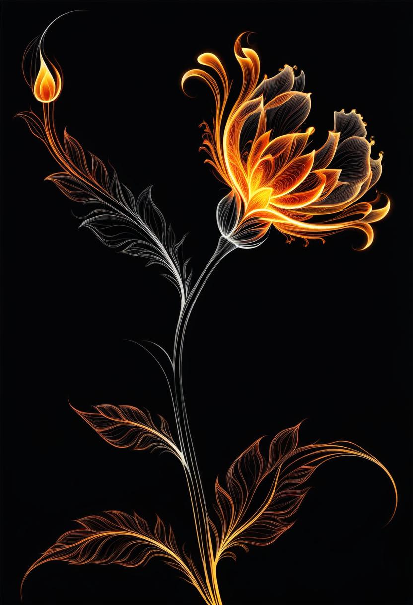  thin, fine fractal gloss vivid fire line ink sketch on the black background, (silhouette of flower:1.3), fire contours outlines, fire outline, fire flower in full height,