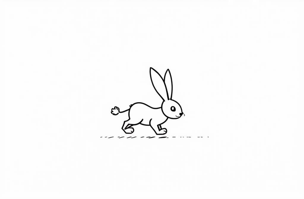  contour, very simple image in one unbroken black ink line, single line of bunny running on a road ar 3:2 using a single continuous black line ink brushon white background, drawing should be created without lifting the pen, recognizable features of bunny running on a road ar 3:2 in one unbroken line