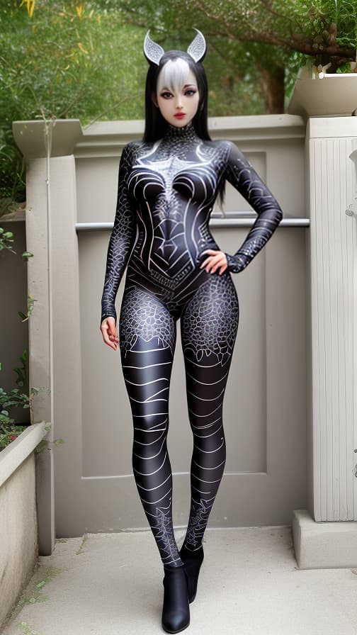  Black Spider-patterned body paint in every corner of the whole body, full-body, silver body paint, Silver face paint on the face,Dark elf 女の子