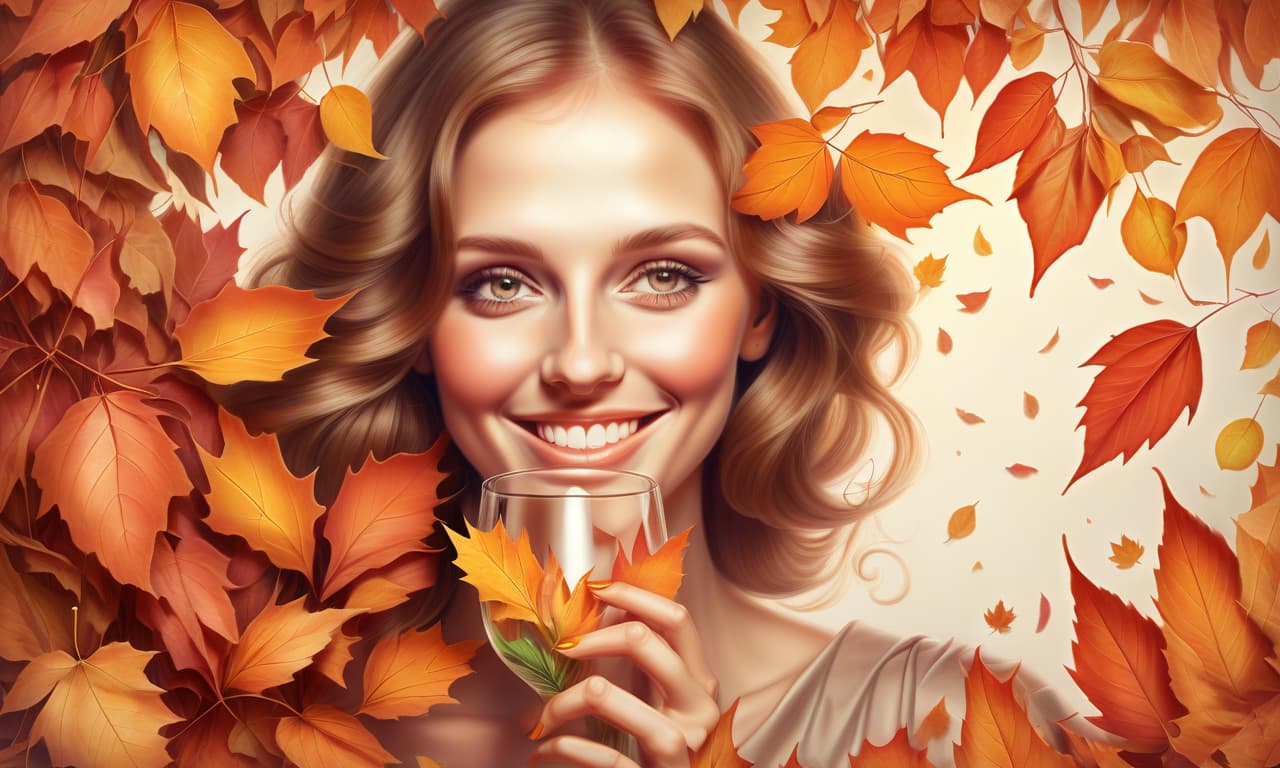  woman drinking smiling through bouquet of autumn leaves eyes shining pencil drawing