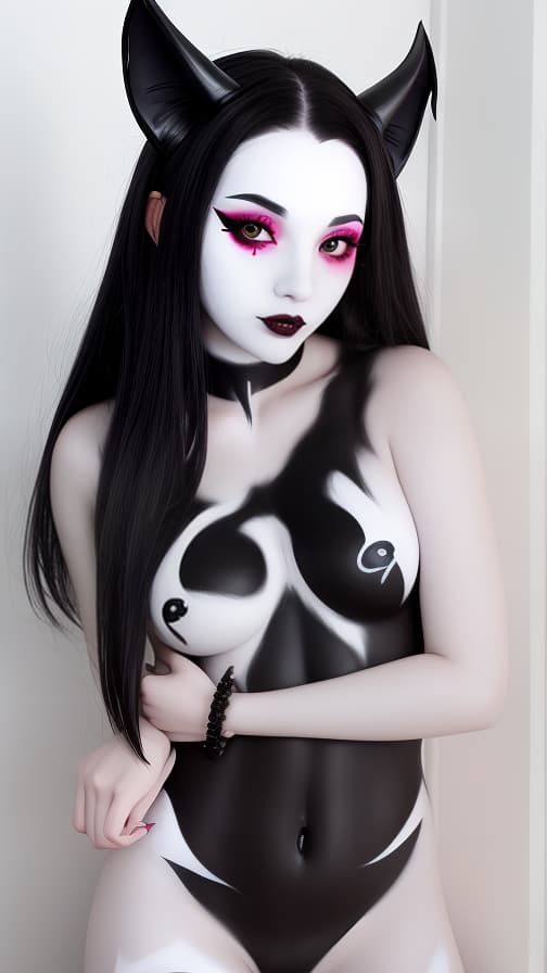  Black bat-shaped body paint in every corner of the whole body, white body paint all over the body, white face paint on the face, succubus,full body image female