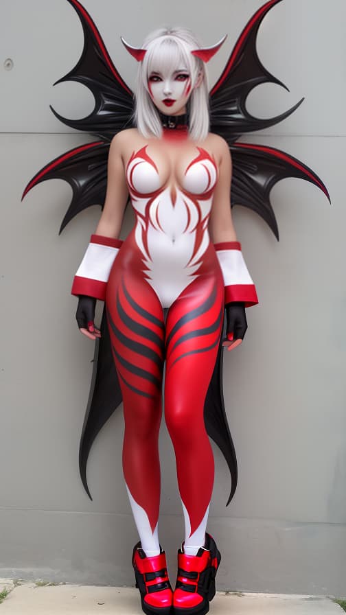  Full body red and silver flame pattern body paint, White body paint on the whole body,grey face paint on the face, succubus, full body image 女性