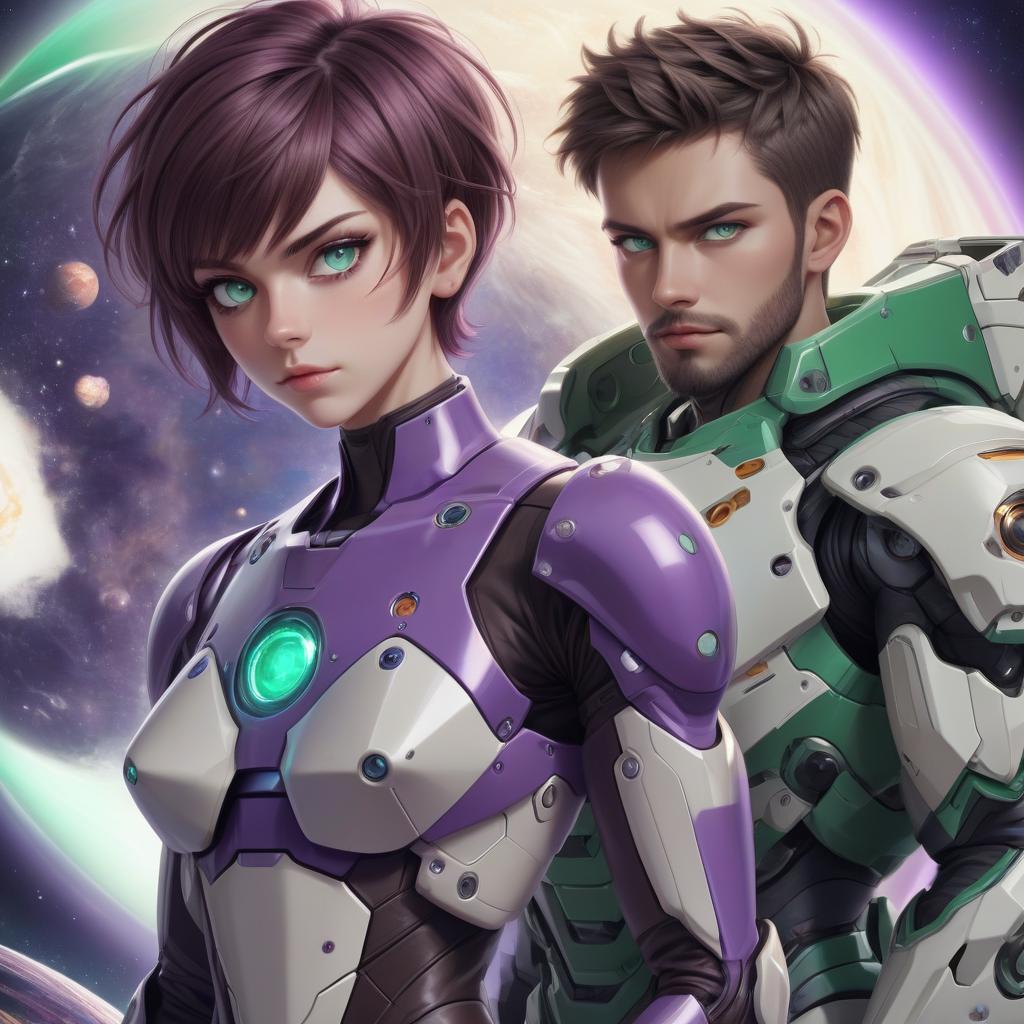  planetary complex, young man, lean build, with a small beard and short haircut, and purple eyes. next to him, an ordinary girl, brown hair, green eyes