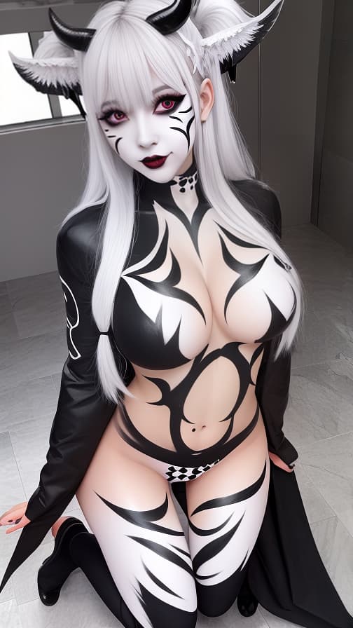  White flame pattern body paint in every corner of the whole body, BLACK body paint full body, grey face paint on the face, succubus sisters, full body image female