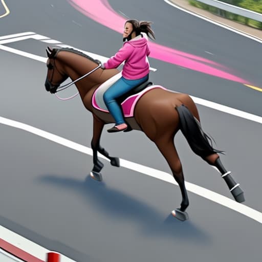  A horse driving a hover board on the road