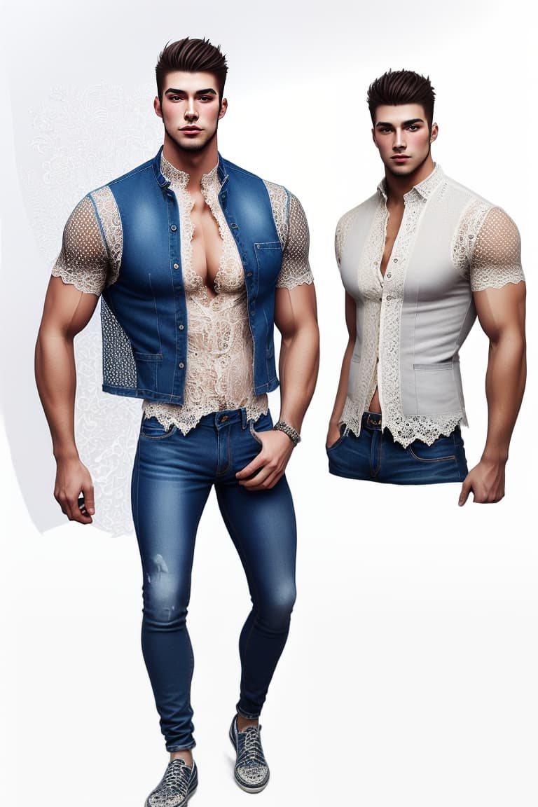  ((fashion illustration, full figures of muscular men with skinny jeans and perforated shirts, lace, vests)), award winning, professional, highly detailed, masterpiece