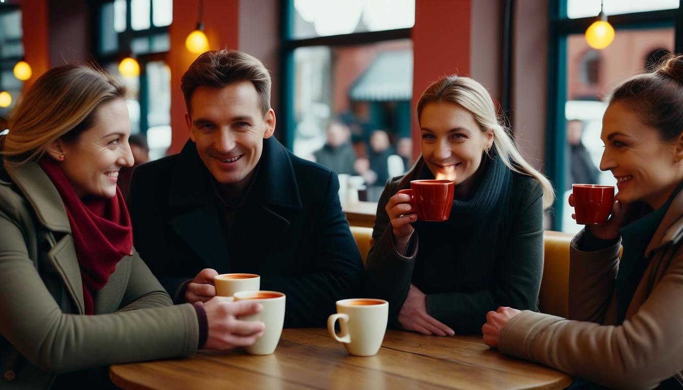  cinematic photo photographic image, autumn, friends: 3 men aged 40 and 3 women in a cozy cafe, they are cold, drinking hot mulled wine from cups, and talking, image detailing . 35mm photograph, film, bokeh, professional, 4k, highly detailed, perfect hands