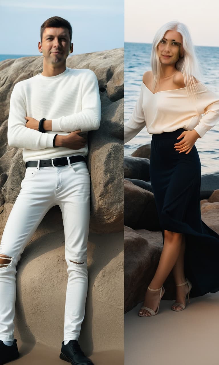  slim guy hugs a beautiful girl with white hair against the sea