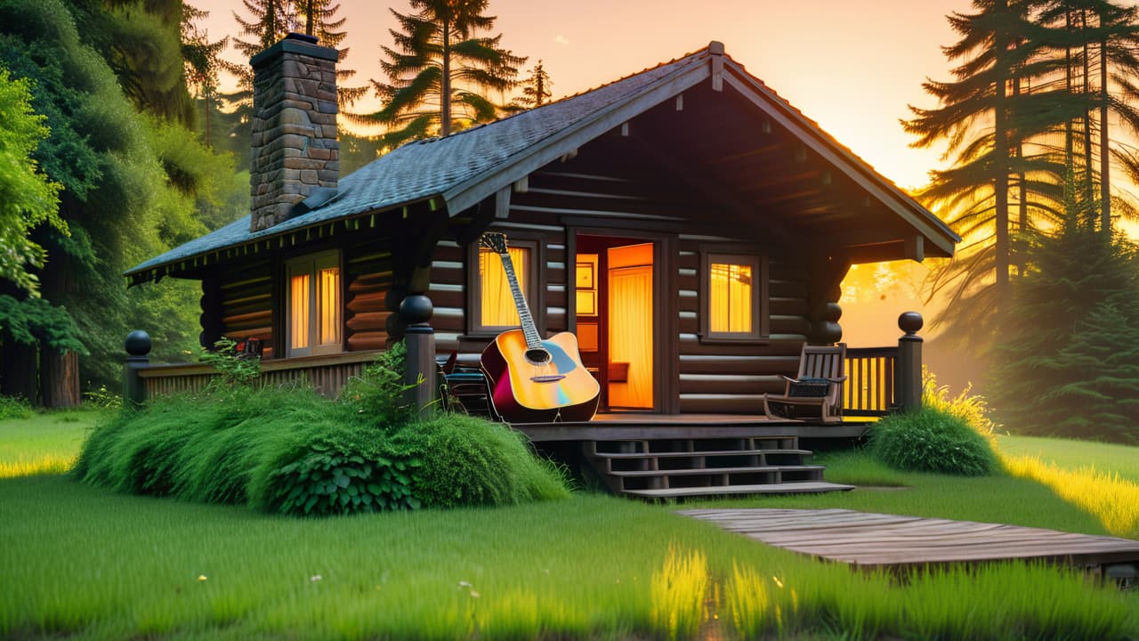  a rustic wooden cabin surrounded by lush green trees, an acoustic guitar resting against the door, colorful vintage vinyl records scattered on the grass, and a warm sunset casting golden light over the scene. hyperrealistic, full body, detailed clothing, highly detailed, cinematic lighting, stunningly beautiful, intricate, sharp focus, f/1. 8, 85mm, (centered image composition), (professionally color graded), ((bright soft diffused light)), volumetric fog, trending on instagram, trending on tumblr, HDR 4K, 8K