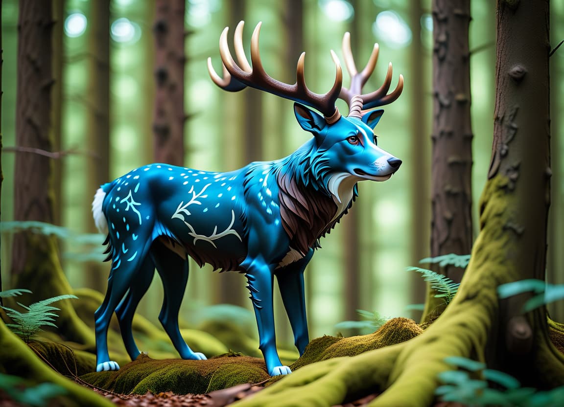  cinematic photo animal, mythical animal, dog with full stag horns, forest, dog, forest spirit animal, forest spirit, patterns, unusual color, blue eyes, full height, stands sideways . 35mm photograph, film, bokeh, professional, 4k, highly detailed