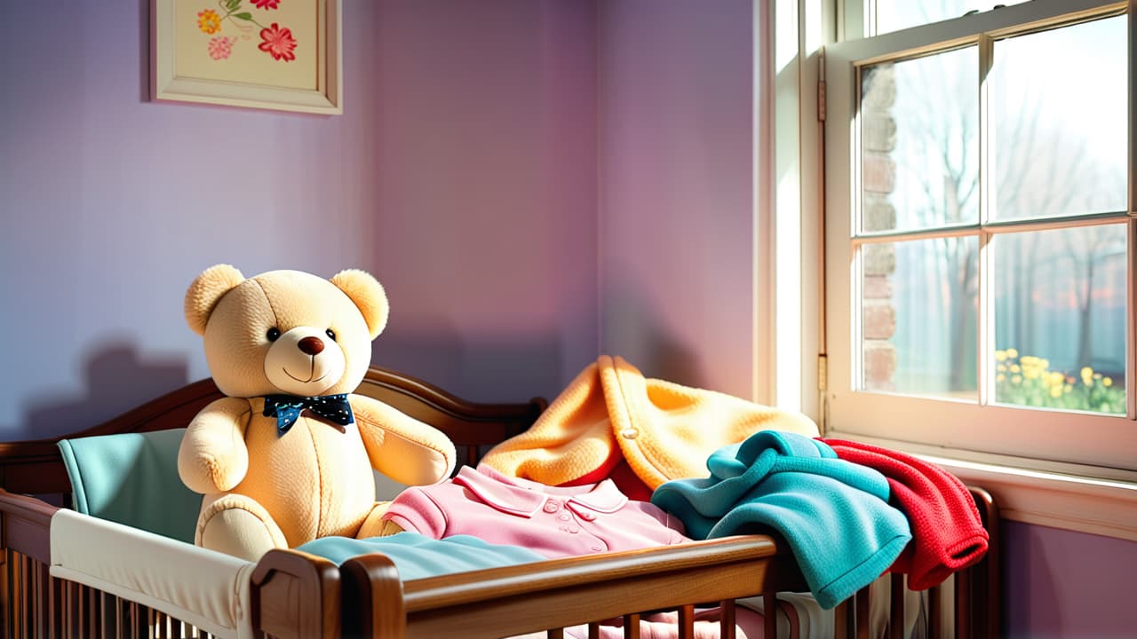  a cozy nursery scene featuring neatly folded second hand baby clothes, a soft pastel color palette, a gentle sunlight filtering through the window, and a plush teddy bear resting beside a vintage wooden crib. hyperrealistic, full body, detailed clothing, highly detailed, cinematic lighting, stunningly beautiful, intricate, sharp focus, f/1. 8, 85mm, (centered image composition), (professionally color graded), ((bright soft diffused light)), volumetric fog, trending on instagram, trending on tumblr, HDR 4K, 8K