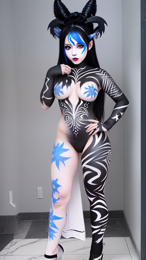  Black flame pattern body paint in every corner of the whole body, White and blue body paint full body, Grey face paint on the face, two succubus sisters, full body image female