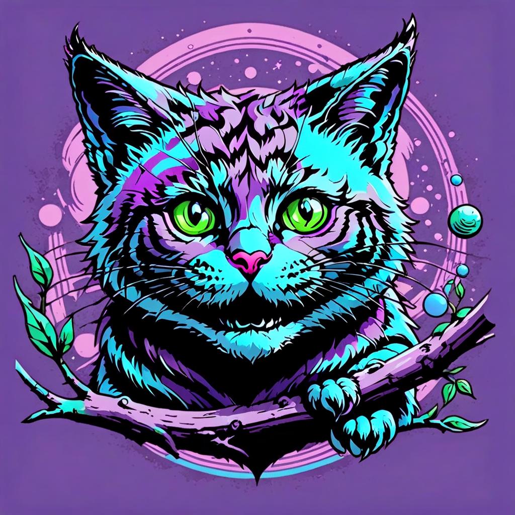  pop art style the cheshire cat smiles broadly and sits on a branch, purple black purple green colors, space, moon and planets in the background . bright colors, bold outlines, popular culture themes, ironic or kitsch, t shirt design