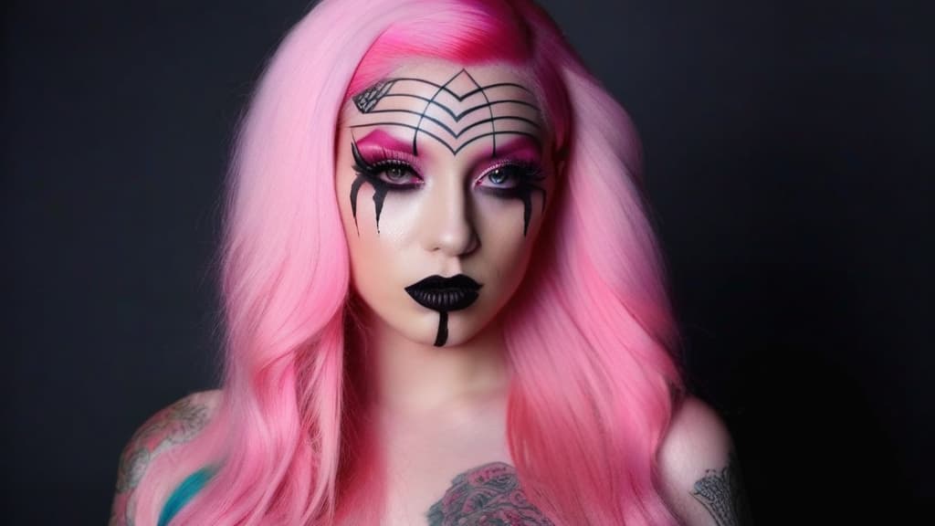  4 age women,full body shot ,full body portrait horrifying scary pale long pink hair ,full white eyes, black lips, black dripping eyeshadow tattoos,in pink cotton with pink trim