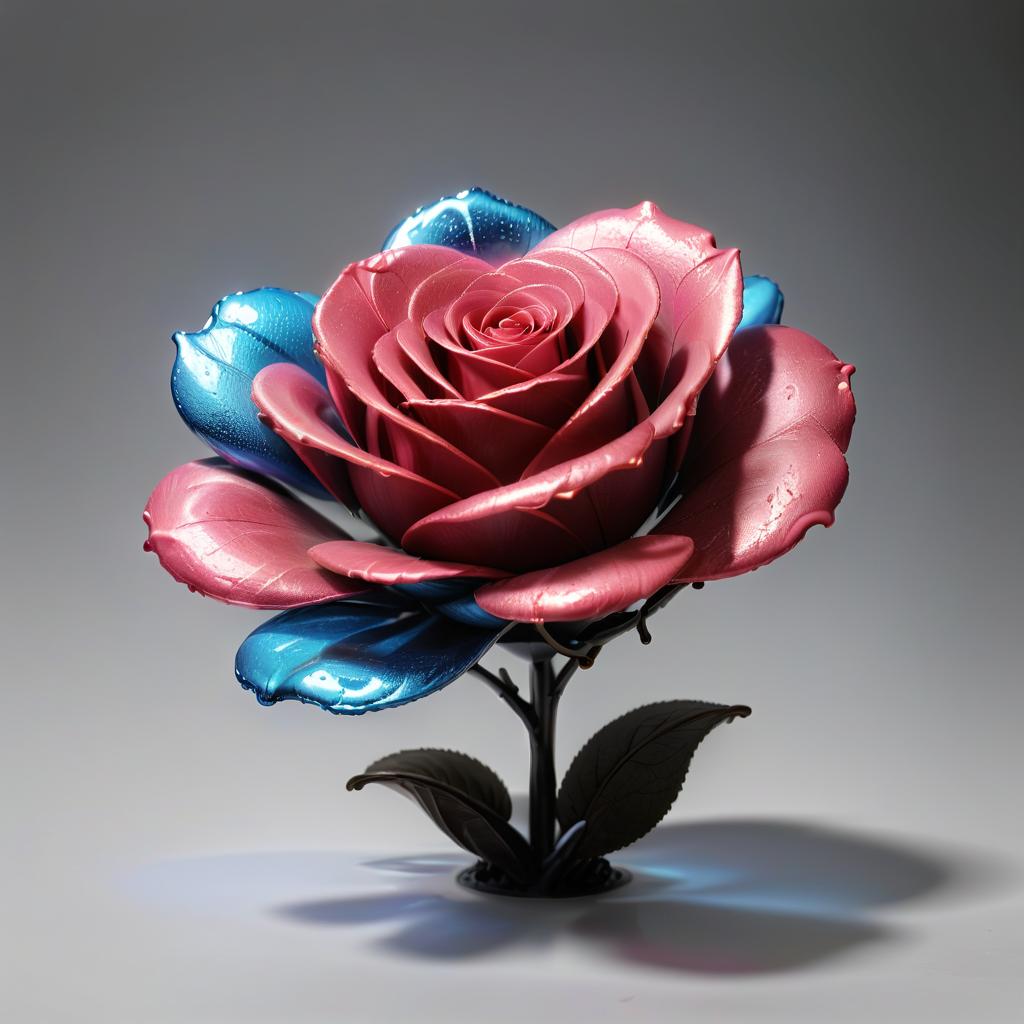  create an abstract 3d model of a rose bud without a stem. use glass and silver as the main material. petals should have many bright highlights of blue and pink neon color. around the bud in the air should fly bright bubbles of mercury fuzzy shape. the background must be black. near the rose should be an abstract mercury cloud ring, creating a levitation effect. style 3d character, civitai, hkmagic