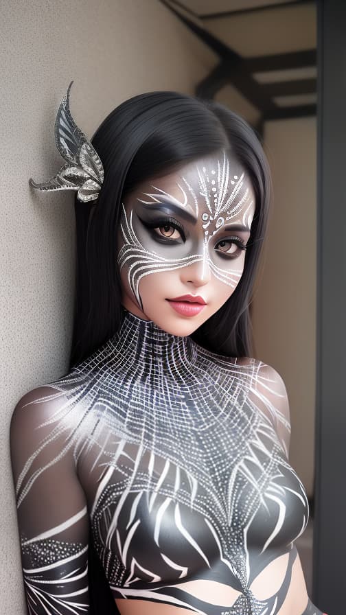  Black Spider-patterned body paint in every corner of the whole body, full-body, silver body paint, Silver face paint on the face,Dark elf 女性