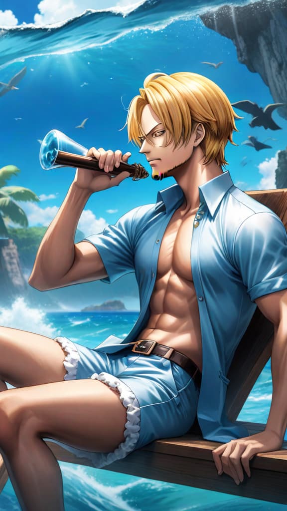  anime art of one piece's sanji dreaming of the all blue, an ocean paradise symbolizing hope and destiny hyperrealistic, full body, detailed clothing, highly detailed, cinematic lighting, stunningly beautiful, intricate, sharp focus, f/1. 8, 85mm, (centered image composition), (professionally color graded), ((bright soft diffused light)), volumetric fog, trending on instagram, trending on tumblr, HDR 4K, 8K