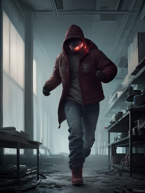  the main character in a hood, in jeans young in a red jacket, runs from the dark silhouette of a man, a dark silhouette pursues him holding a flashlight in his hand, he is in an abandoned laboratory in the arctic, (extremely detailed oil painting:1.2), glow effects, godrays, hand drawn, render, 8k, octane render, cinema 4d, blender, dark, atmospheric 4k ultra detailed, cinematic sensual, sharp focus, humorous illustration, big depth of field, masterpiece, colors, 3d octane render, 4k, concept art, trending on artstation, hyperrealistic, vivid colors, extremely detailed cg unity 8k wallpaper, trending on artstation, trending on cgsociety, intricate, high detail, dramatic