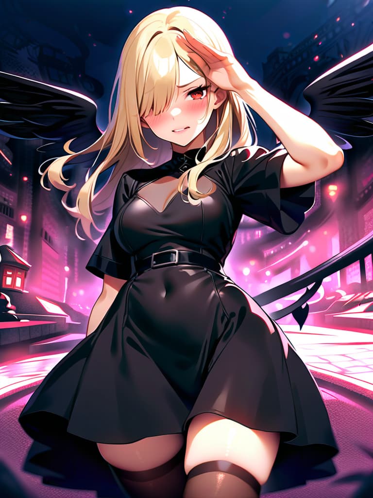  (masterpiece,top quality),fantasy warld atmosphere,outdoors,old demon castle,solo,girl,demon girl,blond,two side up,long bangs,hair over one eye,glossy lips,crimson lips,puffy lip,evil grin,wince,nose blush,pointy ears,demon wing,black wings,feather wings,demon tail,cute tail,demon dress,patent leather dress,tight dress,thighhighs,patent leather legwear,zettai ryouiki,hand up,salute,hand down,grab own clothes,