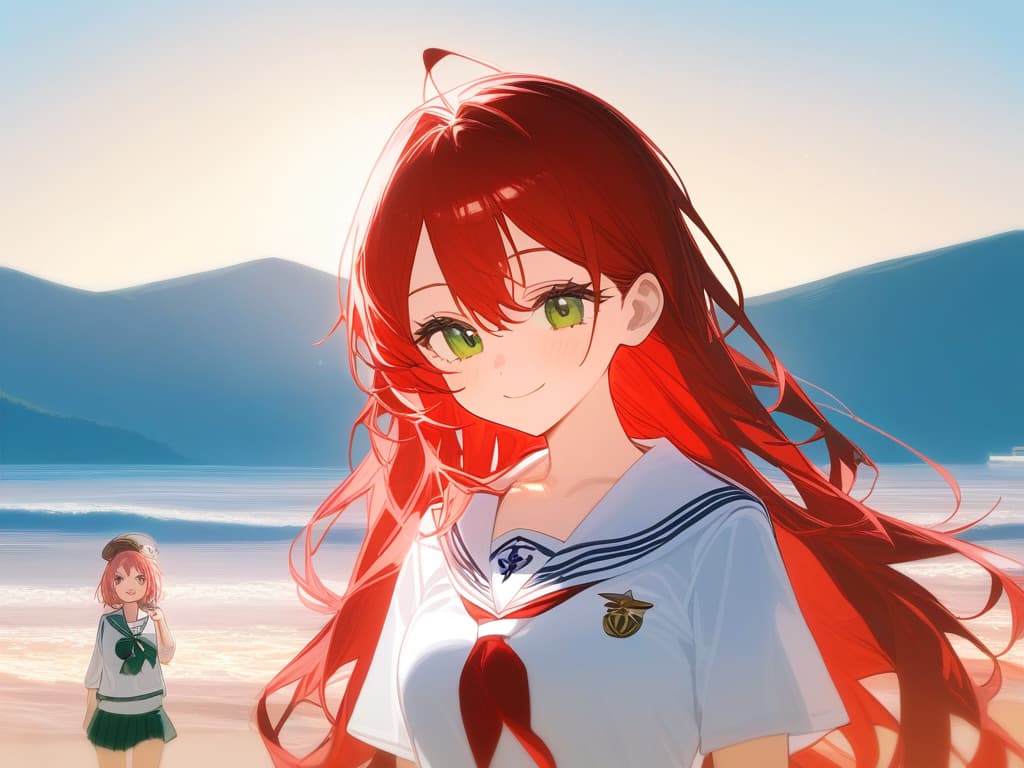  red hair, student, long hair, green eyes, smiles, uyuni salt lake, sunny, summer, sailor suit