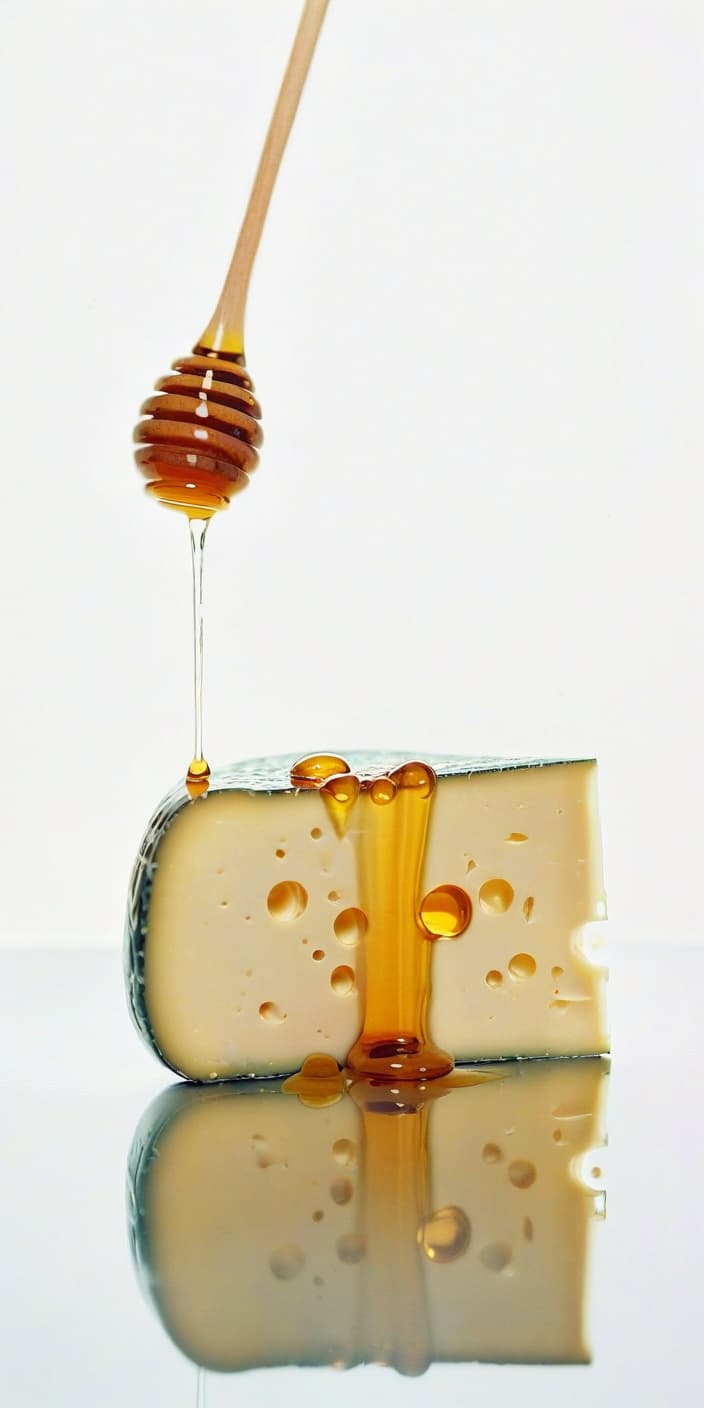  cheese watered with honey, beautiful reflection, film photography style