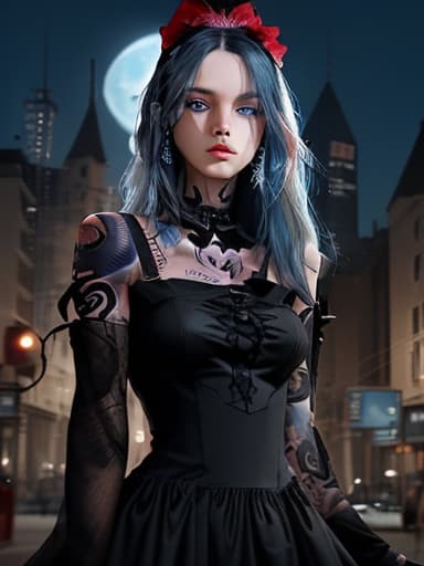  a beautiful, cool, cute woman wearing a black dress, shoulder length blue hair, blue eyes, and a full tattoo on her arm. black glue for tone control