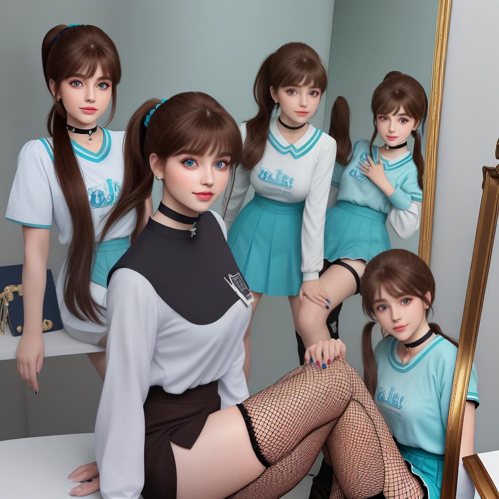  masterpiece, best quality, masterpiece,full body,prefect face,mini ,twins,,aqua eyes,parted lips, face, smile,brown hair,(bangs:0.9),high ponytail,hair scrunchie,choker,nail polish,(T-shirt:0.9), uniform,knee boots,fishnet stockings,leaning forward,hand to mouth,looking at mirror