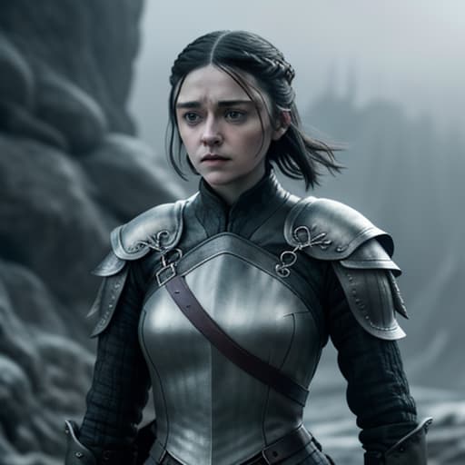  game of thrones, arya stark hyperrealistic, full body, detailed clothing, highly detailed, cinematic lighting, stunningly beautiful, intricate, sharp focus, f/1. 8, 85mm, (centered image composition), (professionally color graded), ((bright soft diffused light)), volumetric fog, trending on instagram, trending on tumblr, HDR 4K, 8K