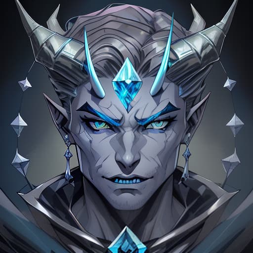  diamond devil, portrait. dark green eyes, man. hair gray. with fangs and horns. colors blue, blue, silver