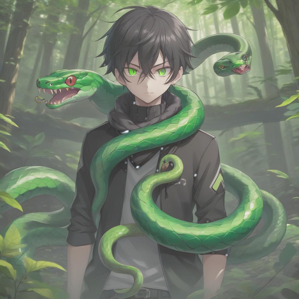  anime artwork anime man with a green snake around his neck with snake eyes, the main colors are black and green, in the forest . anime style, key visual, vibrant, studio anime, highly detailed