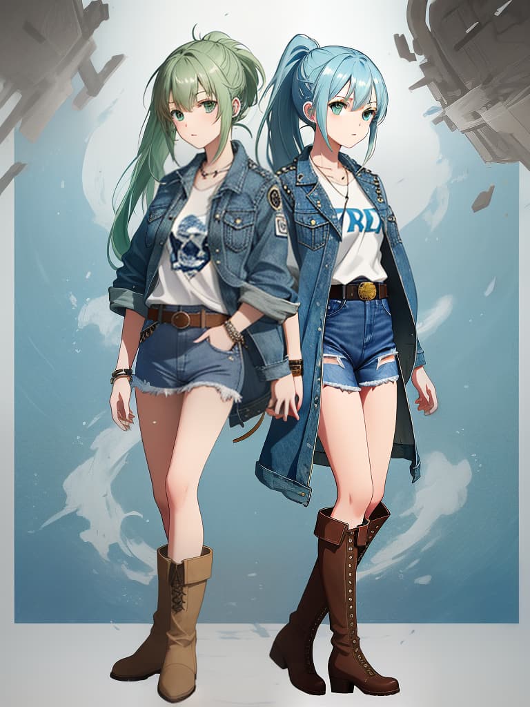  (blue,white,brown color palette:1.3),break,(blue denim jacket:1.4),(green hair),(long ponytail hair)(white graphic tee:1.2),denim skirt,(brown boots:1.2),(studded belt:1.2)