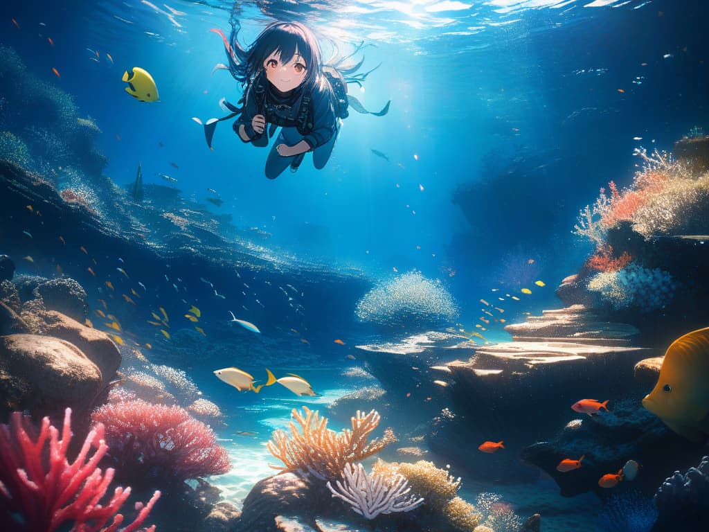  cute, cute, blue haired shortcut girls, scuba, tropical fish, coral, sea, smiles, fun, look up the sun from underwater, masterpiece, best quality,8k,ultra detailed,high resolution,an extremely delicate and beautiful,hyper detail