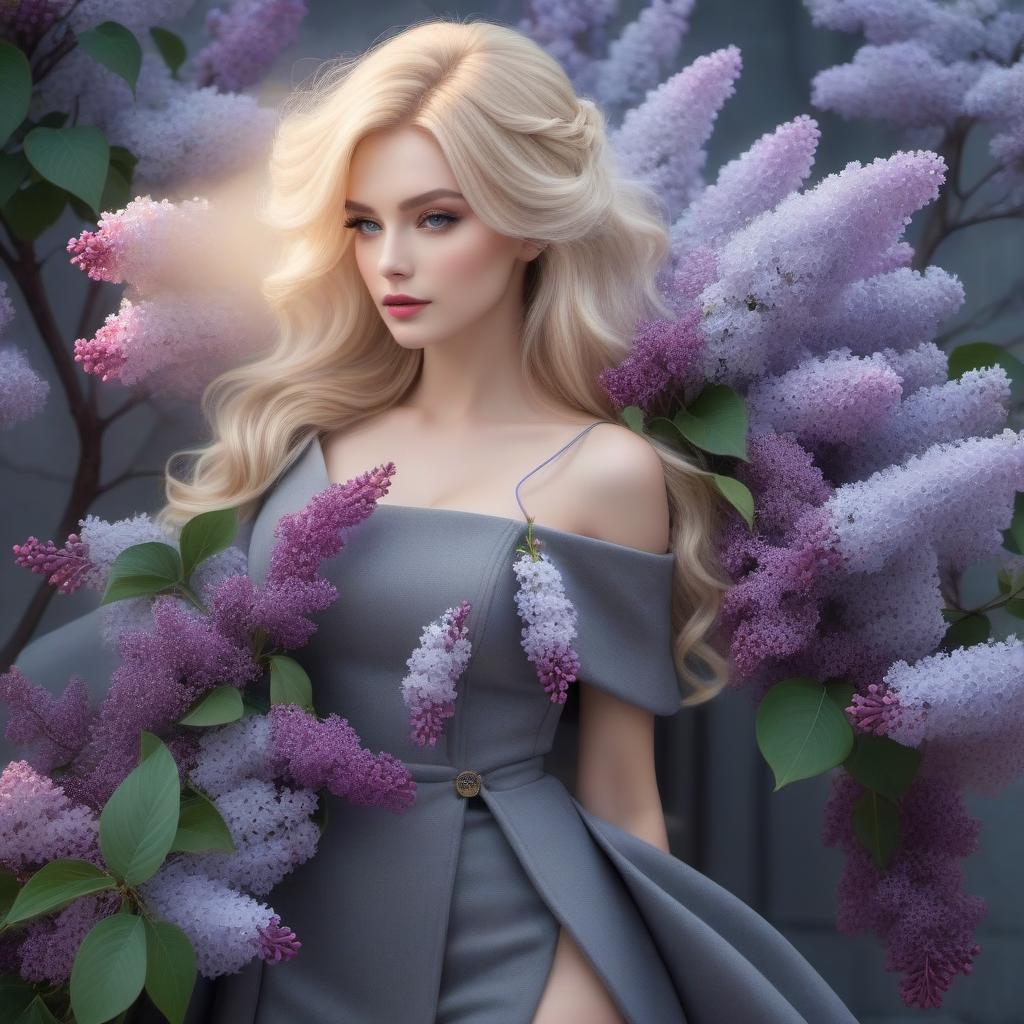  Blonde in a gray coat with a bouquet of lilacs hyperrealistic, full body, detailed clothing, highly detailed, cinematic lighting, stunningly beautiful, intricate, sharp focus, f/1. 8, 85mm, (centered image composition), (professionally color graded), ((bright soft diffused light)), volumetric fog, trending on instagram, trending on tumblr, HDR 4K, 8K