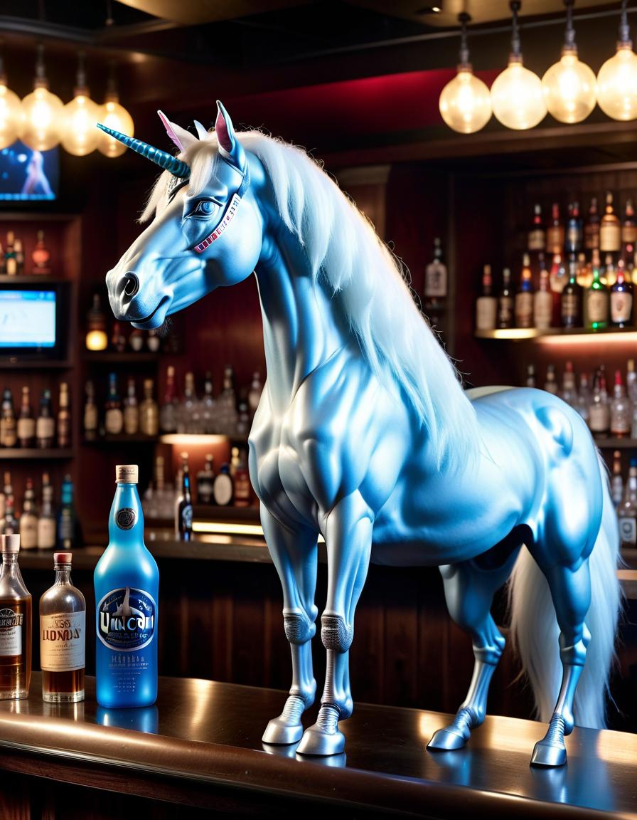  hyperrealistic art unicorn "horse", humanoid, blue, sitting in a bar with a bottle, bar counter with bottles, around people, high detail, soft lighting . extremely high resolution details, photographic, realism pushed to extreme, fine texture, incredibly lifelike