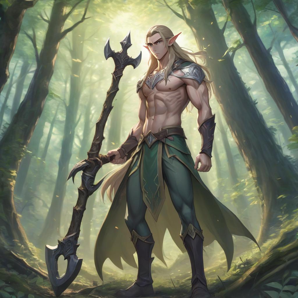  anime artwork anime style; tall elf; male; full height; long hair; muscles visible; axe in hand; in the forest . anime style, key visual, vibrant, studio anime, highly detailed